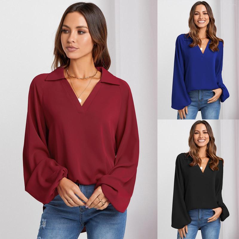 

Women' T Shirts Fashion Elegant Solid Shirt For Women Office Ladies Dressing V-neck Loose Long Sleeve Female Simple Dressy Casual, Black