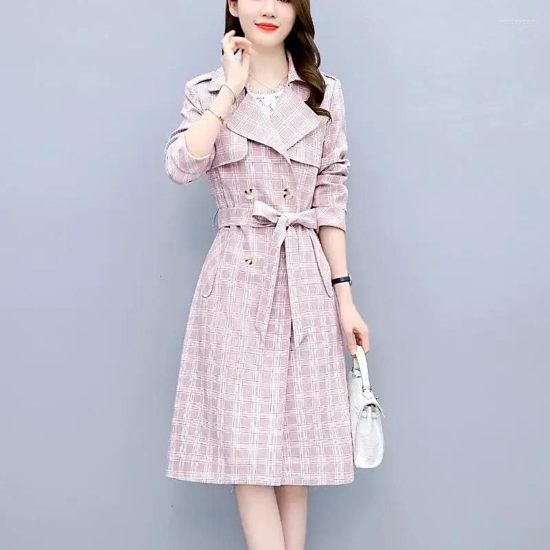 

Women's Trench Coats 2022 Autumn Women's Coat Korean Version Fashion Long Sleeves Double Breasted Suit Collar Lattice Medium Windbreaker, Pink