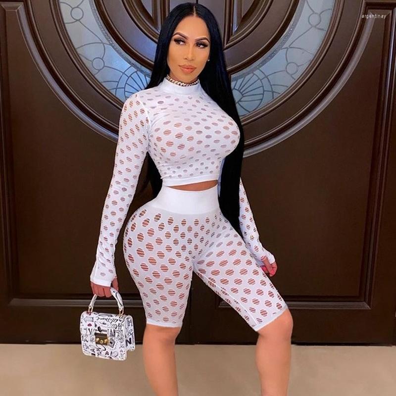 

Women' Tracksuits Summer Hollow Out Sexy Two Piece Set Women Festival Clothing Solid Mesh Club Outfits Skinny Long Sleeve Crop Top And, Black