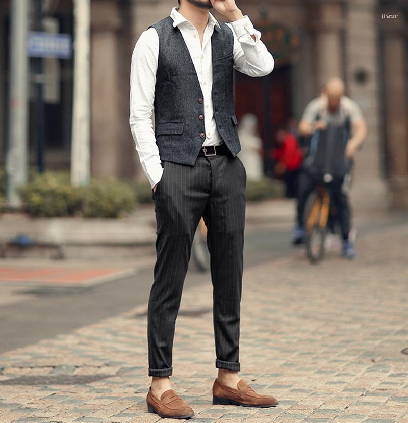 

Men' Vests Men Suit Vest V Neck Vintage Herringbone Green/Navy/Grey For Wedding Groomsmen Tweed Mens Waistcoat, Silver