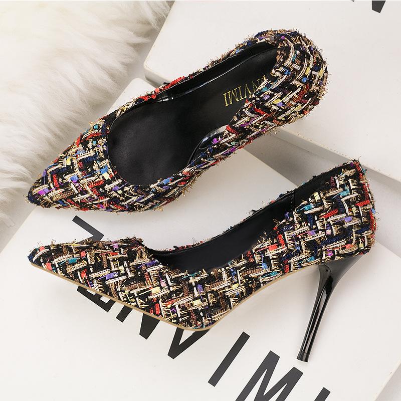 

6289-3Fashion Dress Shoes Small incense style Fashion exquisite and thin High heels Stilettos with shallow mouth and pointed toe Banquet party, Black
