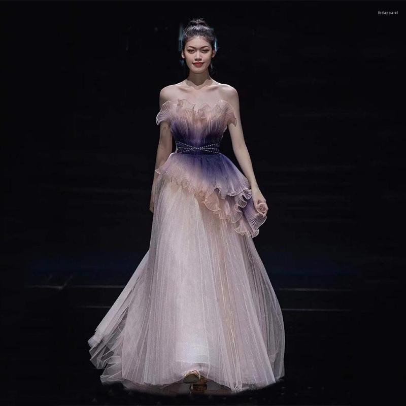 

Party Dresses Gradient Purple Evening Dress A Line Beading Pleated Tiered Strapless Ruffle Sequined Long Tulle Prom Homecoming Gown
