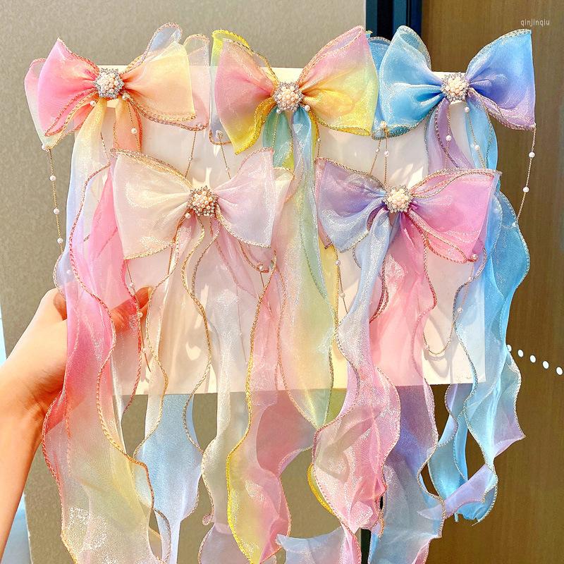 

Hair Accessories Cute Colorful Chiffon Bow Ribbon Hairpins Girls Children Sweet Pearl Decorate Headband Clips Fashion