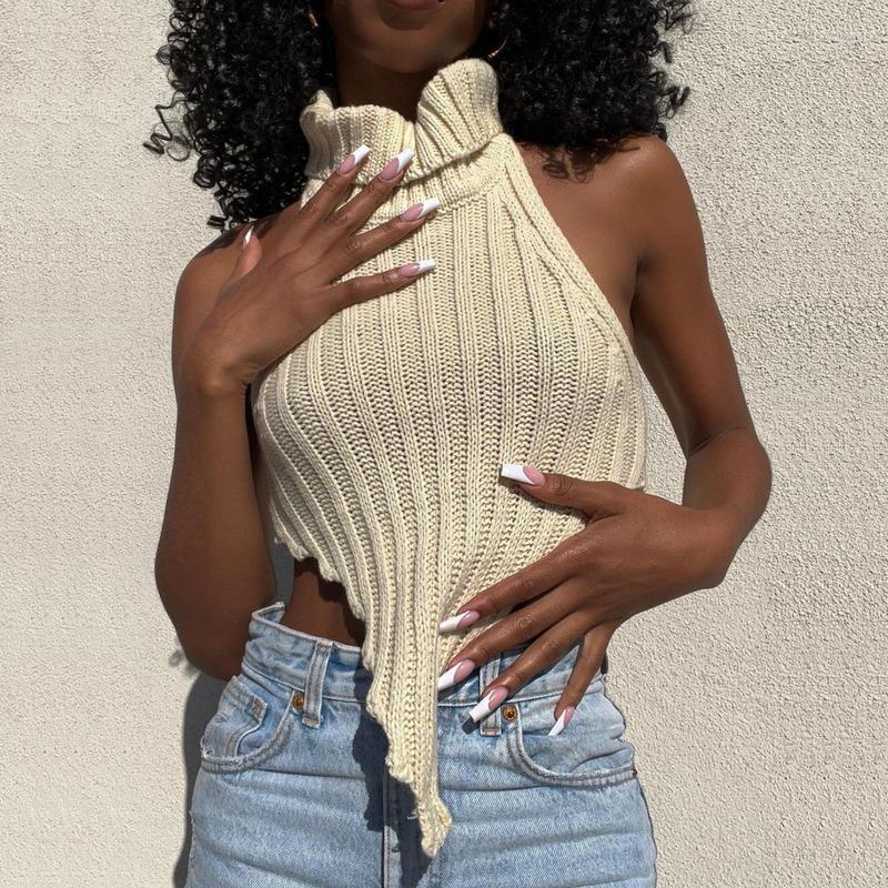 

Women's Tanks Sexy Women Knitted Sweater Tops Halter Turtleneck Irregular Sleeveless Backless Vest Camis Jumper Streetwear, Black