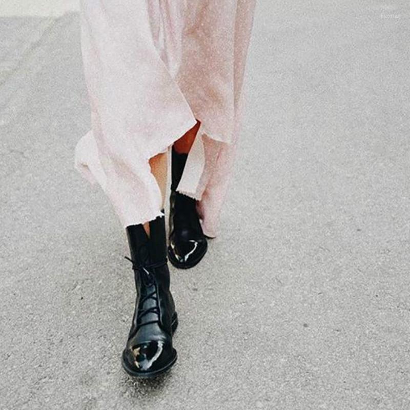 

Boots 2022 Patent Leather British Style Flat Black Pointed Toe Handsome Motorcycle Women's