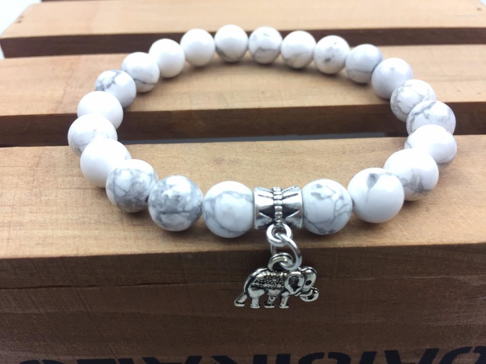 

Strand 8MM White Howlite Bracelet Round Bead Natural Stone Elephant Pendant Bracelets Mala Beads Yoga Meditation
