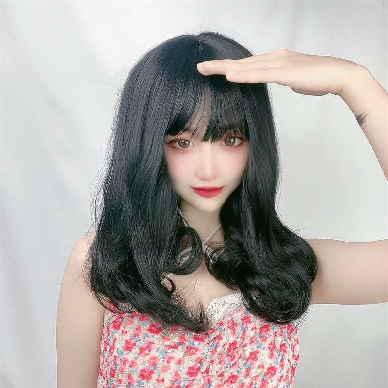 

Hair Lace Wigs Wig Women's Korean Fashion Medium and Long Hair Pear Flower Head Air Bangs, Black