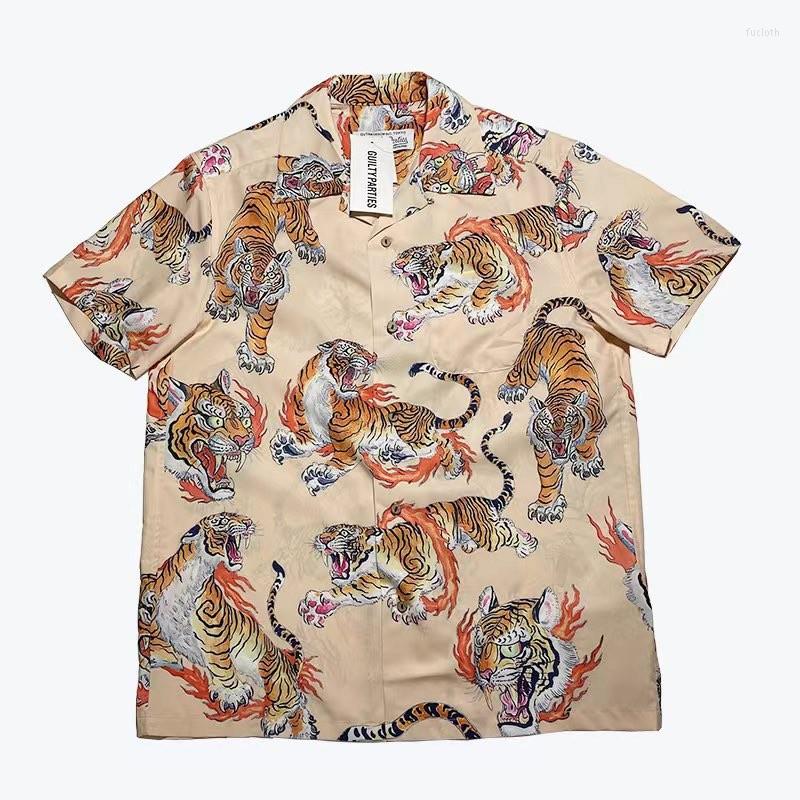 

Men' Casual Shirts Short Sleeve Apricot Full Tiger Printing WACKO MARIA Shirt Men Women Hawaiian