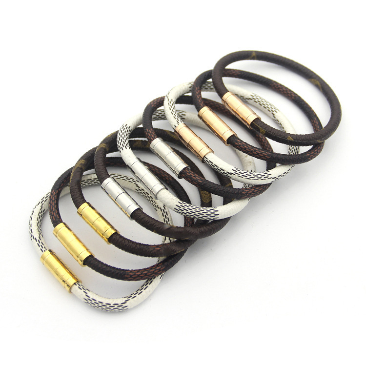 

charm bracelets designer jewellery luxury Single layer leather bracelet plaid grey pattern titanium steel magnetic buckle diamond couples bracelet