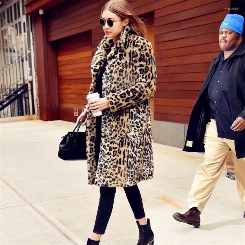 

Women' Fur Women' Autumn Winter American Street Vintage Leopard Print Outside Fashion Loose Mink Velvet Over The Knee Long Trench, Khaki