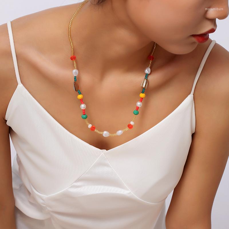 

Chains Beach Style Female Bohemian Multicolor Crystal Glass Beads White Pearl Natural Shell Handmade Beaded Long Necklaces For Women