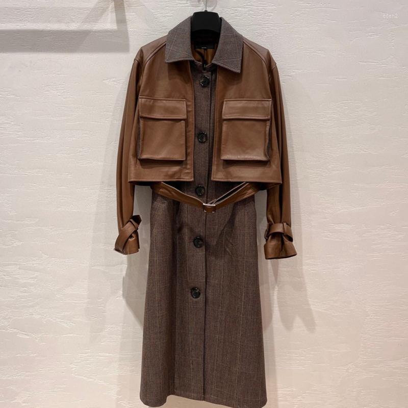 

Women' Leather Autumn Sheepskin Windbreaker Long Sleeve Suit Women' Plaid Ladies' Jackets Two-piece Casual Coat, Brown