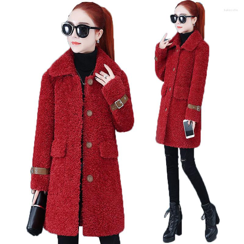 

Women's Fur Women Slim Casual Splicing Lamb Wool Jacket Female Autumn Winter Korean Style Loose Thin Mid-length Coat A921, Khaki