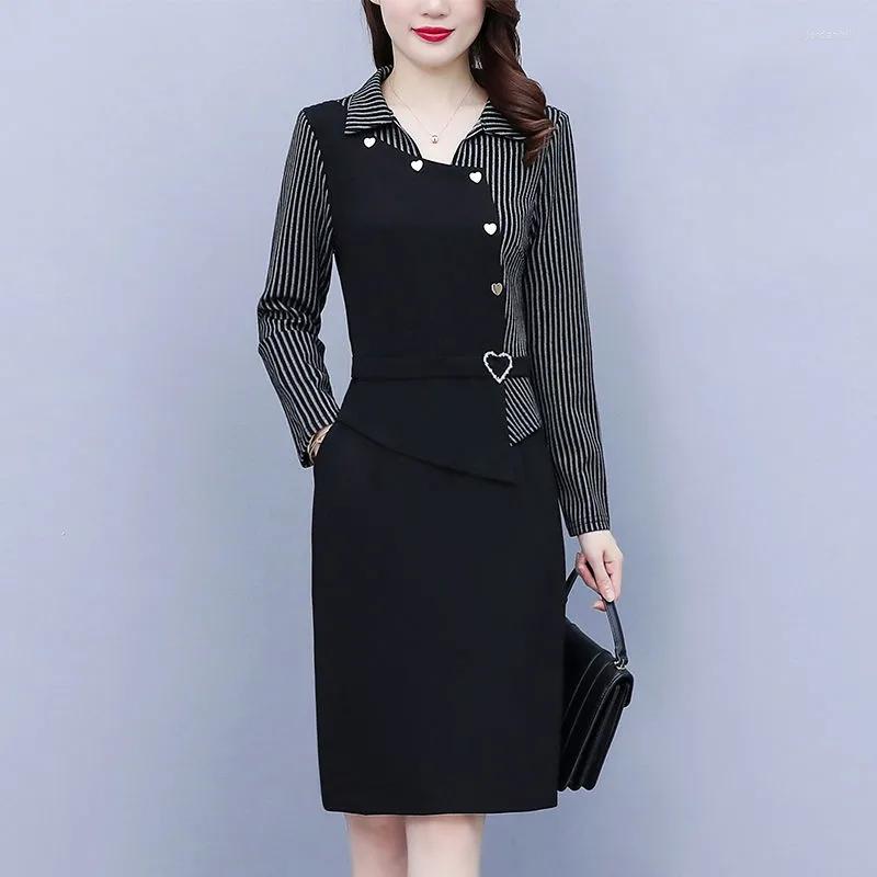 

Casual Dresses 2022 Spring Spliced Stripe Dress Women Korean Heart Button Long Sleeve Office Lady Elegant Plus Size Vestidos, Black