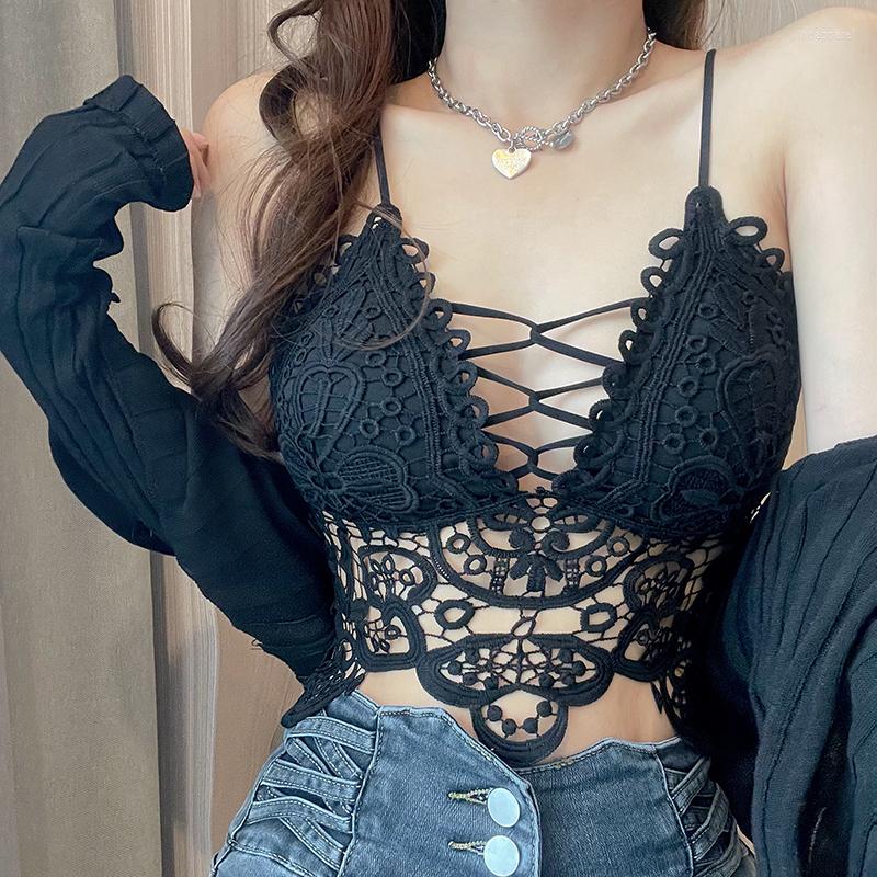 

Women's Tanks Beautified Backless Lace Camis Crop Top Women Sexy Crossed Deep V Neck Hollow Out Wirefree Intimates Camisole For Slim Girs, Black