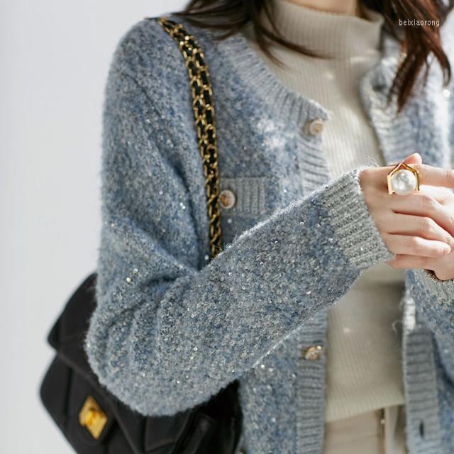 

Women' Jackets Sequin Gental Lady Female' Sweater Women' Cardigan 2022 Spring Loose Round Neck Long Sleeve Blue Coat