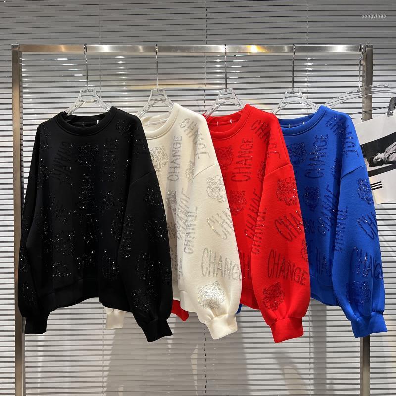 

Women's Hoodies Heavy Rhinestone Cartoon Pattern Letter Sweatshirt Women Loose Leisure Cotton Solid Hoodie Female 2022 Spring Autumn Clothes, Black