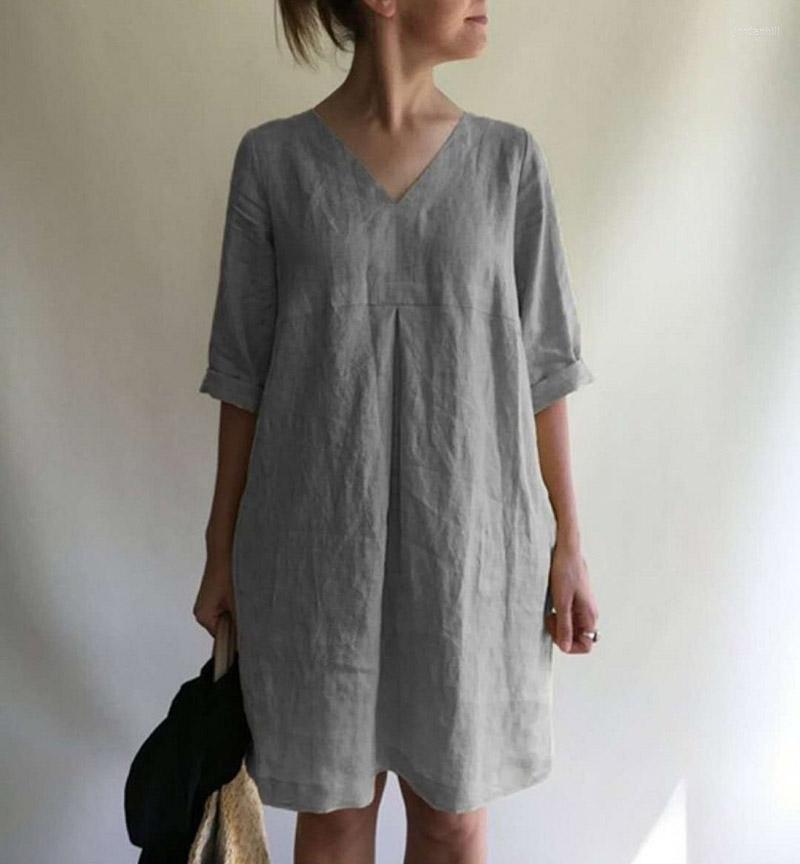 

Party Dresses Summer Commuter Women Dress A-line Skirt Solid Cotton Linen Pocket Mid Sleeve Holiday Elegant V-Neck Loose, Style4