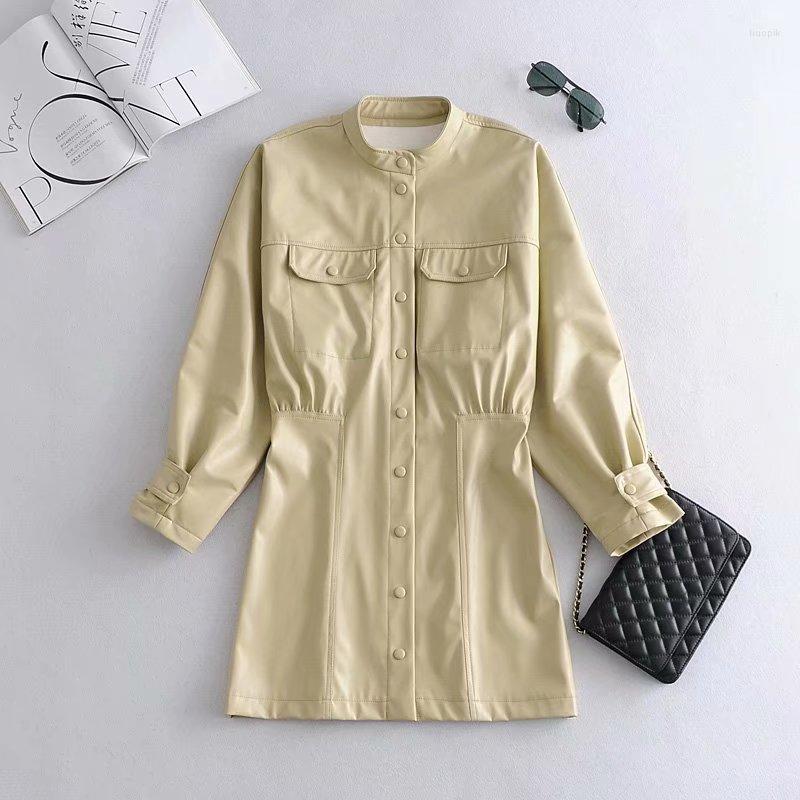 

Women's Leather Trendy Spring Autumn Women Khaki Long Faux Jacket Casual Loose Sleeve Streetwear Coat Windproof Lady Pu Outwear