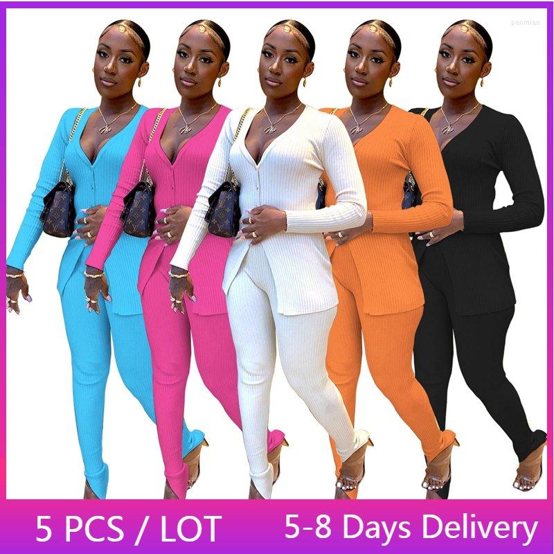 

Women' Two Piece Pants Wholesale Items For Resale In Bulk Solid Knit Ribbed Sets Women Winter Clothes Top And Matching Tracksuit, Black