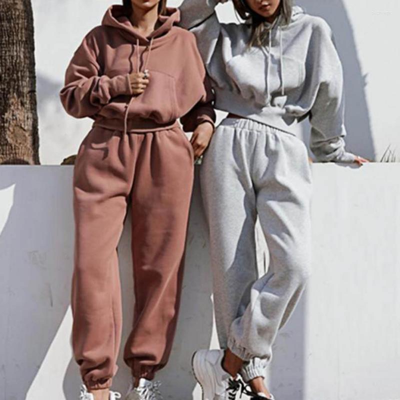 

Women' Two Piece Pants 2 Pcs/Set Hoodie Set Elastic Waist Autumn Tracksuit Solid Color Long Sleeves Hooded Thick Drawstring Winter, Khaki