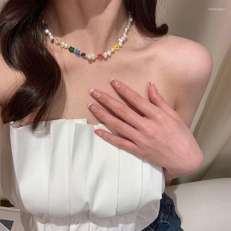 

Chains Summer Boho Korea Lovely Daisy Flowers Colorful Beaded Charm Natural Freshwater Pearl Choker Necklace For Women Vacation Jewelry