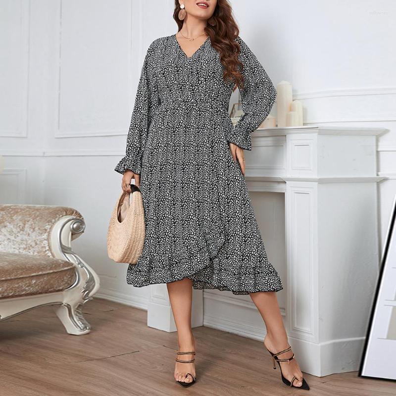 

Plus Size Dresses Women Print Dress Long Sleeve Slim Tops Autumn V-Neck Ruffles Waist Vintage  -4XL, Black