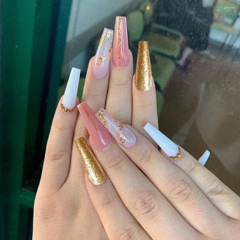 

False Nails 24pcs/Box Long Ballerina Shimmer Nail With Rhinestone Design Coffin Manicure Patches Press On Full Cover Tips, 01