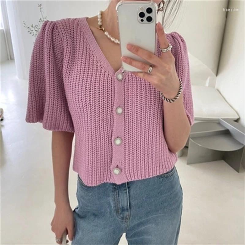 

Women's Knits Korean Casual Women's Knit Carigans Solid V-neck Puff Sleeve Button All-match Tops Female 2022 Summer, Army green
