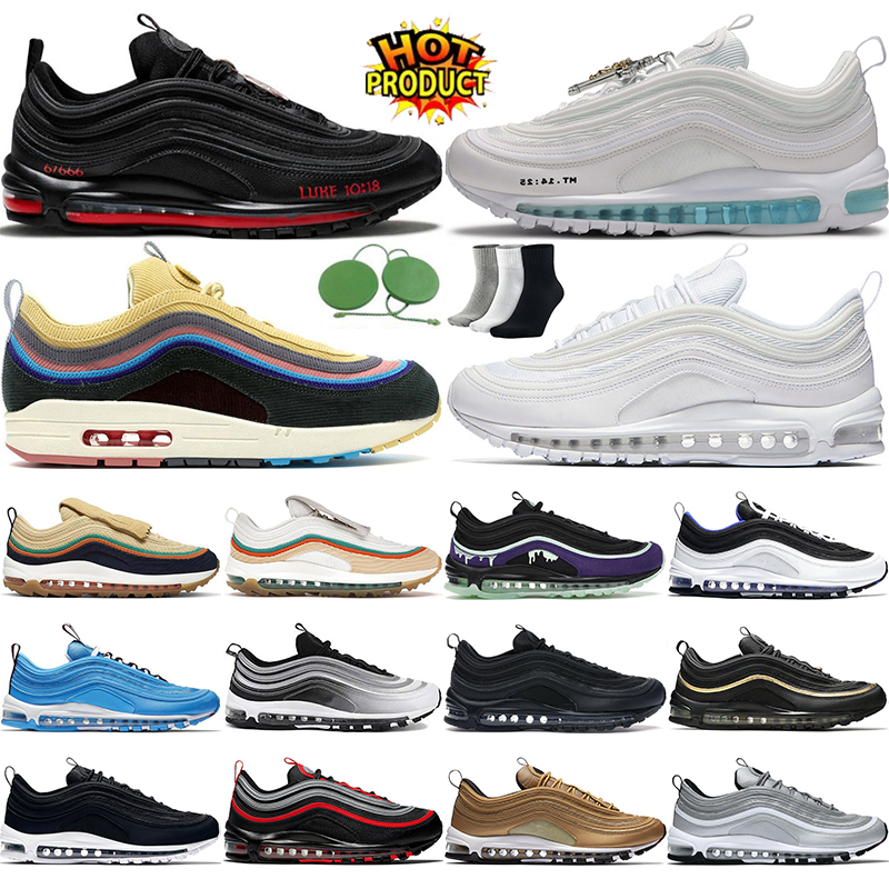 

Running Shoes 97 97s Jesus Shoes Satan Sean Wotherspoon Triple White Black Halloween Silver Bullet Blue Hero Bred South Beach Mens Womens trainer sneaker sports