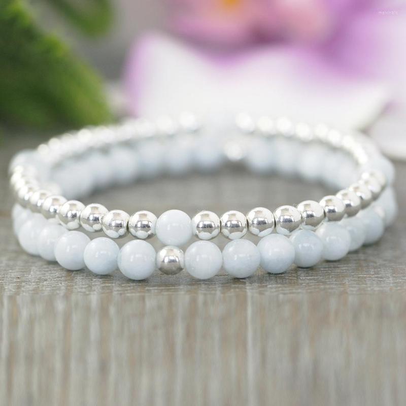 

Link Bracelets MG0949 6 Mm Aqua Marine Silver Plated Beaded Bracelet Set Dainty Yoga For Women Anxiety Relief Boho