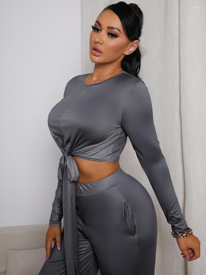 

Women' Jumpsuits Women' LW Autumn Two Pice Bandage Design Tie Front Long Sleeve Top And Wide Leg Loose Pants Matching Outfits Sexy, Gray