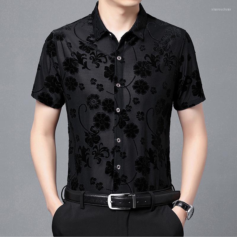 

Men's Casual Shirts Wash And Wear High-End Luxury Smart Short Sleeve Shirt Men Summer Quality Velour Hollow Silky Elastic Camisa Masculina, Picture shown