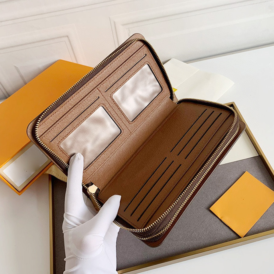 

Designer Women Wallet Fashion Purses Genuine Leather Wallet Double Zipper Wallets Lady Long Classical Purse Card Holder With Original Box DustBags, Brown flower