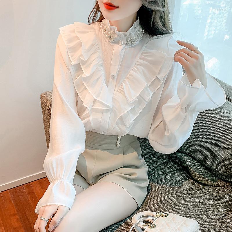 

Women' Blouses LUKAXSIKAX 2022 Spring Autumn Women Stand Collar Long Sleeve Shirt High Quality Beading Sweet Ruffles Chiffon, White