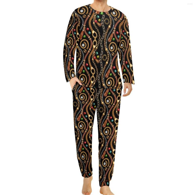 

Men' Sleepwear Gold Silver Chain Print Pajamas Mens Color Bead Elegant Nightwear Spring Long Sleeve Casual Graphic Pajama Sets Big Size 5XL, Style-13