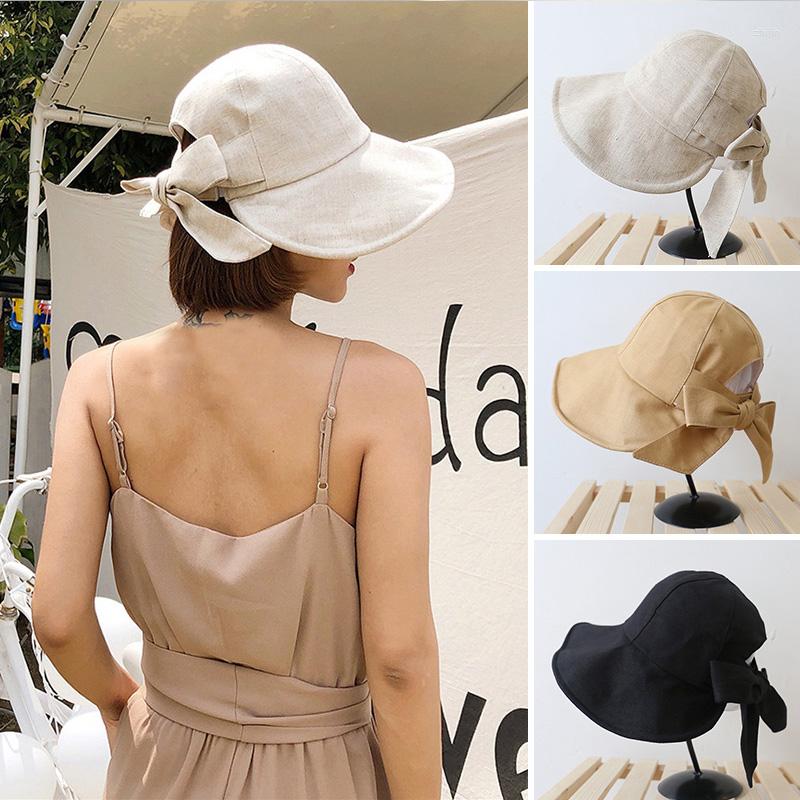

Berets Women's Summer Cotton Linen Bucket Hat Big Bowknot Outdoor Beach Sun Caps Lady Fodable Solid Panama Fishermen Bonnet Gorras, Beige
