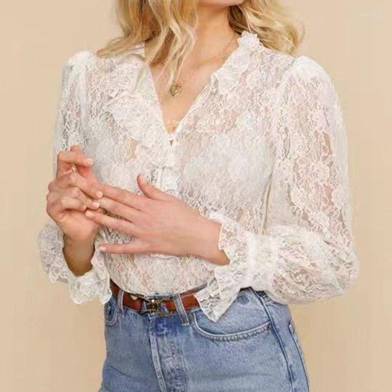 

Women's Blouses Spring/Summer 2022 Fashion Stand Collar Front Button Retro Lace Shirt Women Blouse, Black