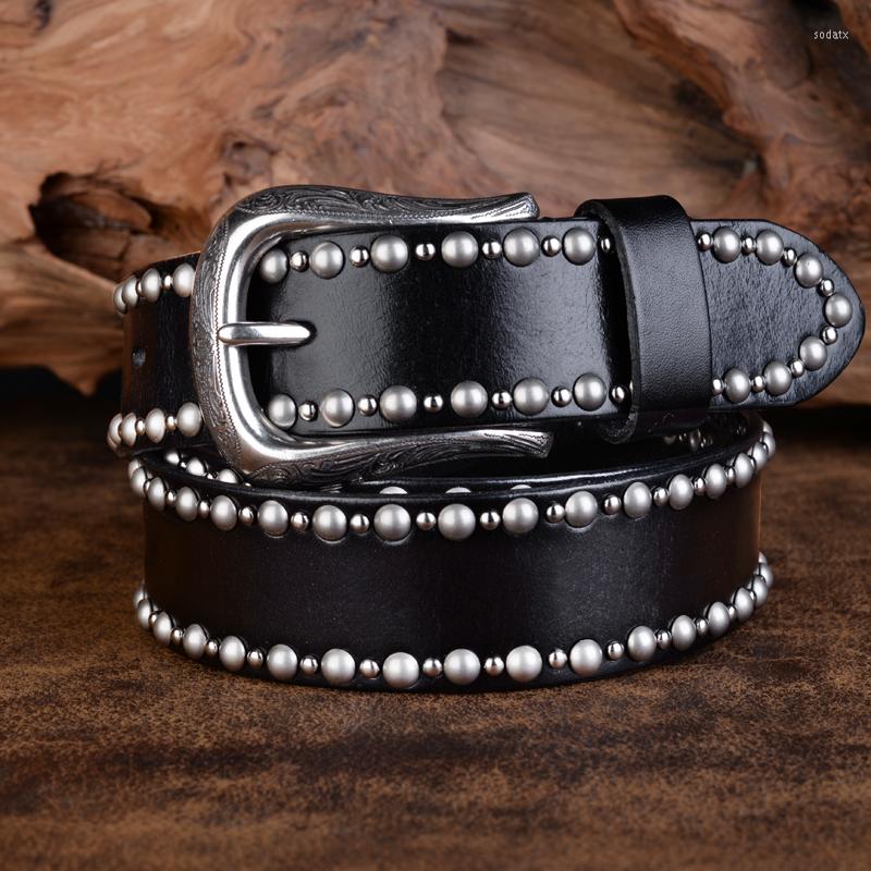 

Belts Top Layer Cowhide Rivet Belt Women's Pin Buckle Jeans Men's Hard Retro Vegetable Tanned Leather, Black