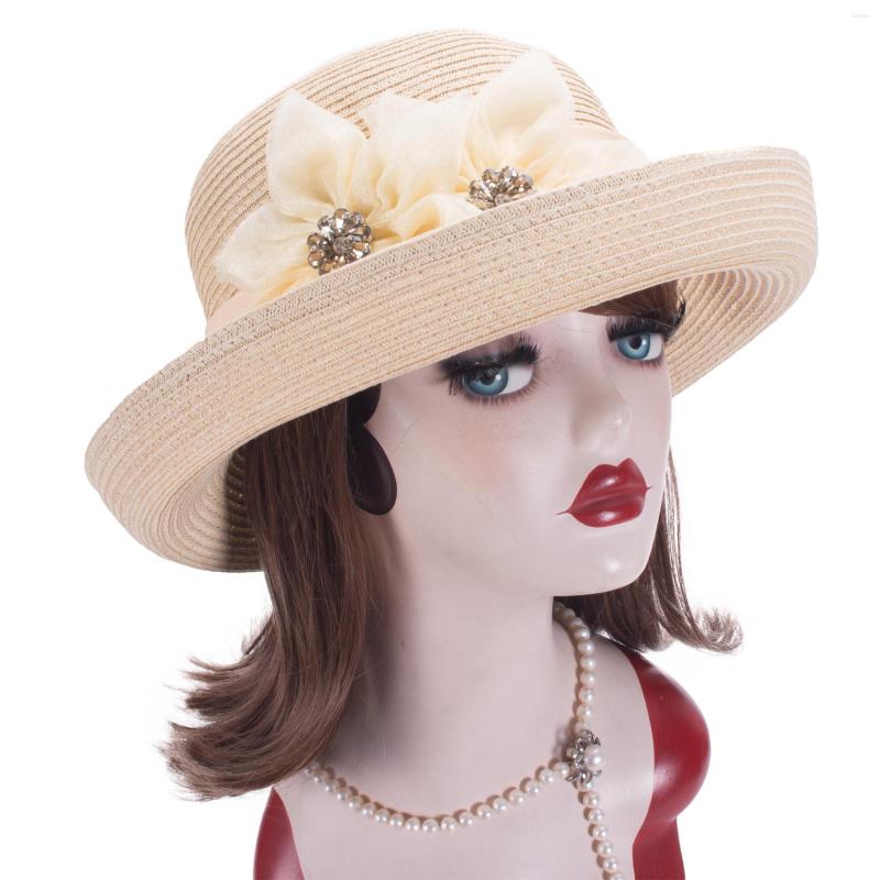 

Wide Brim Hats Upturned Womens Floral Straw Wedding Bridal Hat T424, White
