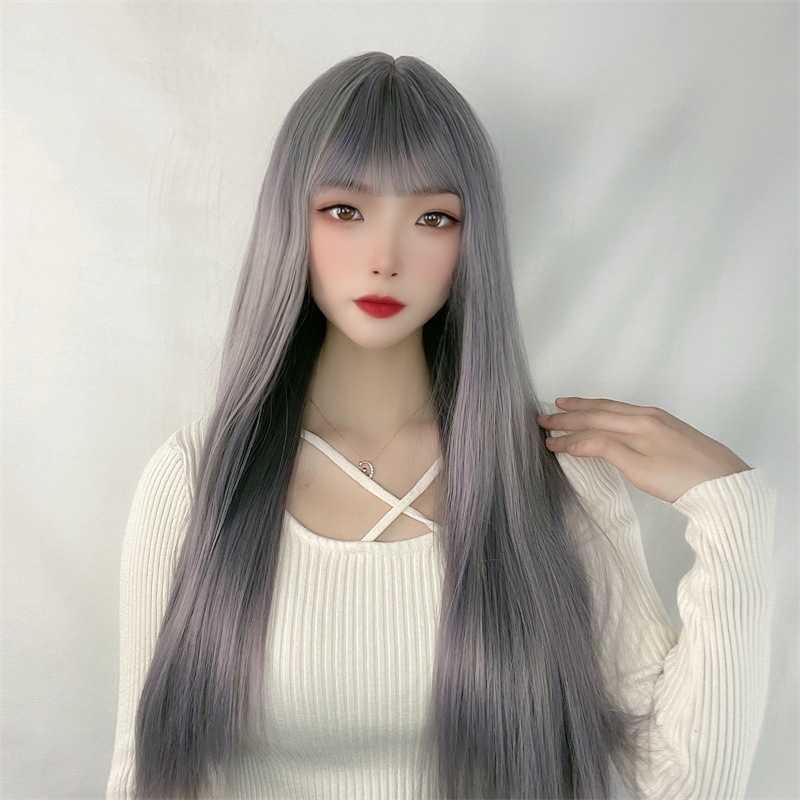 

Hair Lace Wigs Tiktok Same Wig Female Long Air Bangs Straight Hair Net Red Costume Changing Performance Props Chemical Fiber Headgear, Black