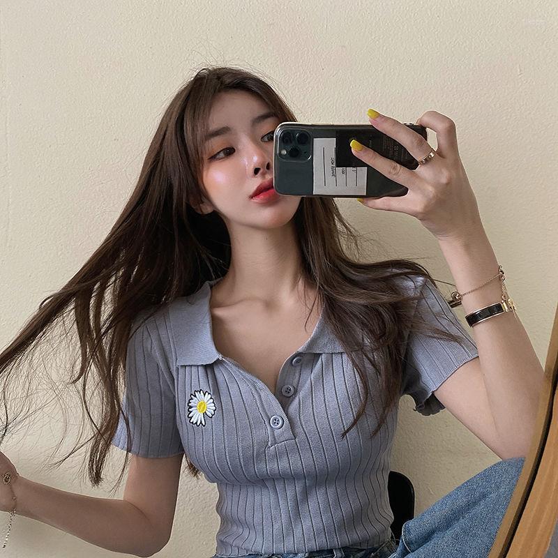 

Women's T Shirts Woman TShirts Summer Embroidered Top Polo Collar Knitted T-shirt For Women Crop Mujer Camisetas, Black