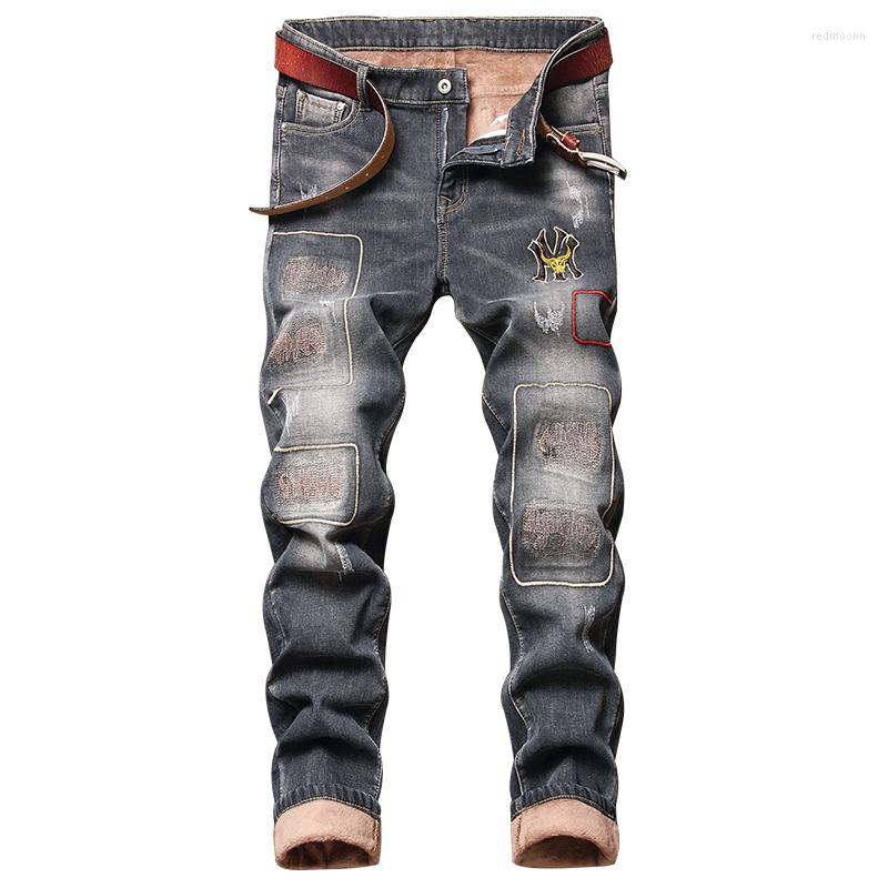 

Men's Jeans Men's Winter Plus Fleece Trousers Velvet Thick Male Large Size 2022 Stretch Ripped Embroidery Straight Denim Pants, 811 blue