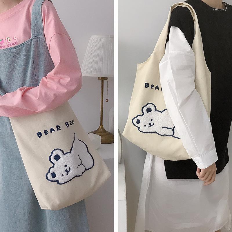 

Evening Bags Women Cute Bear Shoulder Bag Simple Canvas Handbag Tote Embroidery Design Books Cloth Fabric Shopping For Ladies