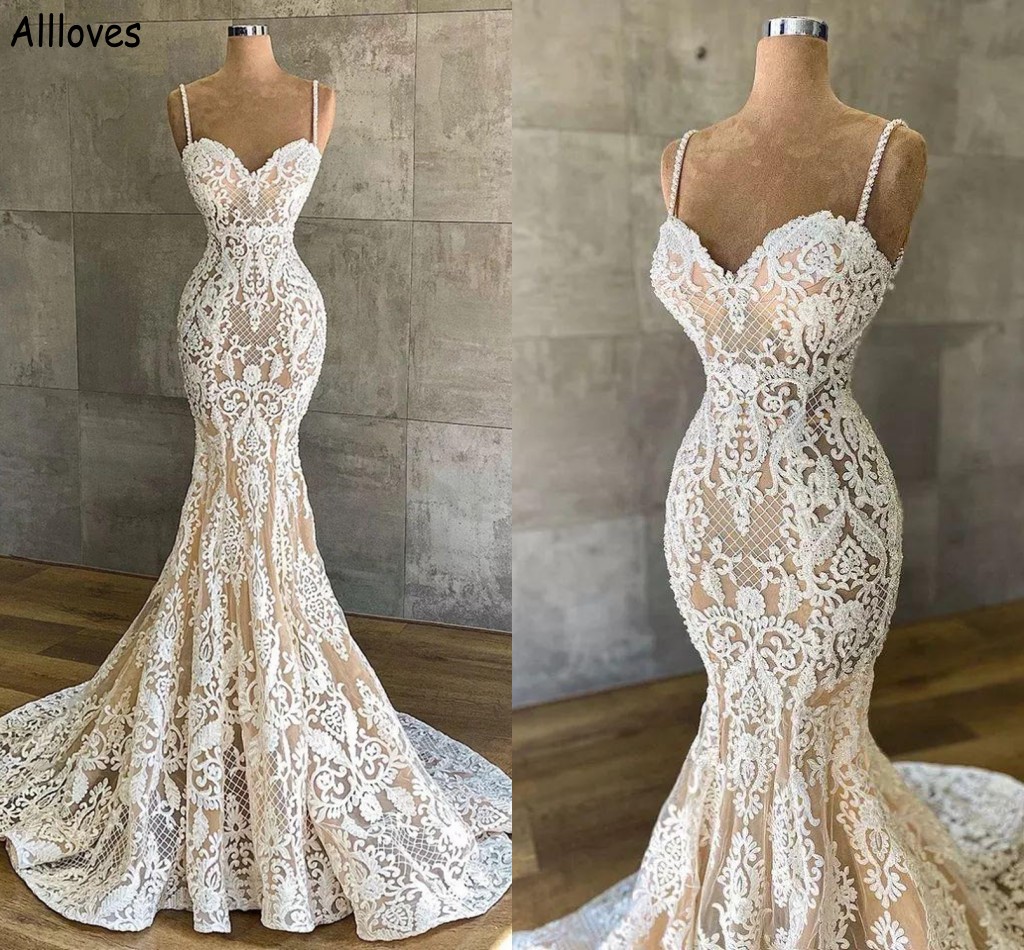 

Spaghetti Straps Vintage Lace Mermaid Wedding Dresses Champagne Lining Sleeveless Bridal Gowns Court Train Saudi Arabia Dubai Plus Size Vestidos De Novia CL1388, Yellow