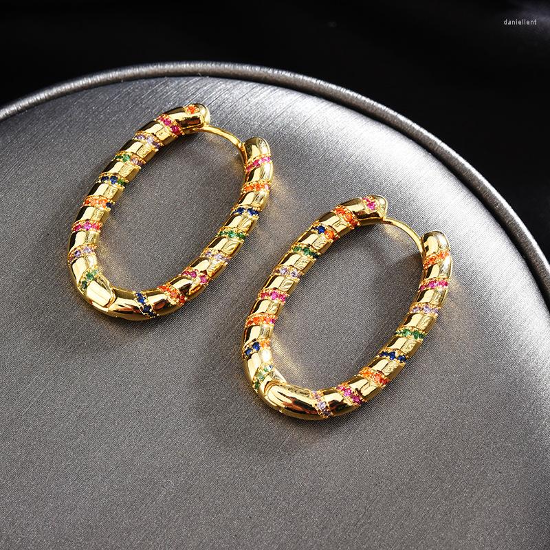 

Hoop Earrings Top Quality Gold Color Pave Orange Blue Green Zircon Stripe Designer Big Buckle For Women INS Jewelry