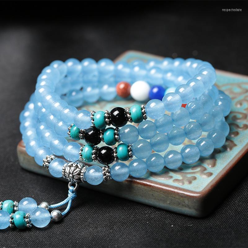 

Strand 108 Prayer Beads Bracelet Nature Blue Red Pink Yellow Chalcedony Stone Multilayer Buddha Mala Beaded Women Men Jewelry