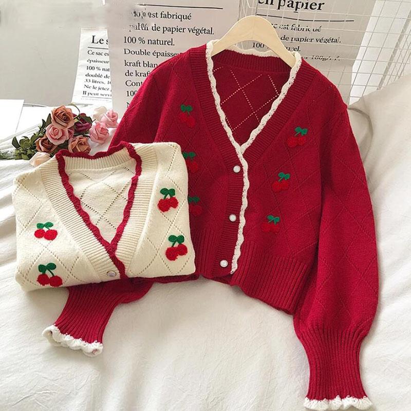 

Women's Knits 2022 Autumn Sweet V Neck Cherry Embroidery Knit Cardigans Sweater Women Loose Long Sleeve Knitted Tops Short Casual Coat, Black