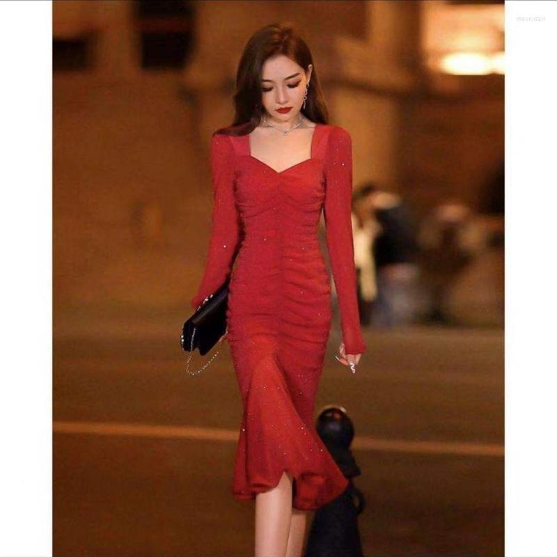 

Casual Dresses 2022 Sexy Wave Cut Square Collar A-line Skirt Folds With Zippers Full Sleeve Fold Mini Dress Pencil Womens Autumn T925, Red