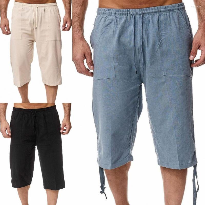 

Men's Pants Stylish Summer Men Solid Color Drawstring Multi Pockets Capri Skin-friendly, Blue